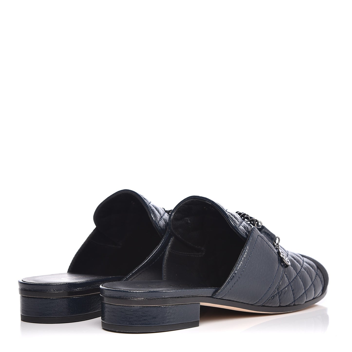 Glazed Deerskin Grosgrain Quilted Chain Mules 38 Blue Black