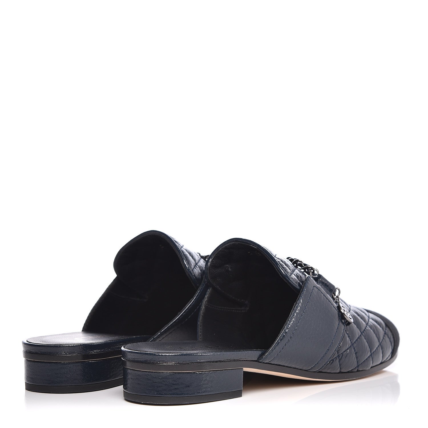 Chanel Glazed Deerskin Grosgrain Quilted Chain Mules 38 Blue Black 4 of 8