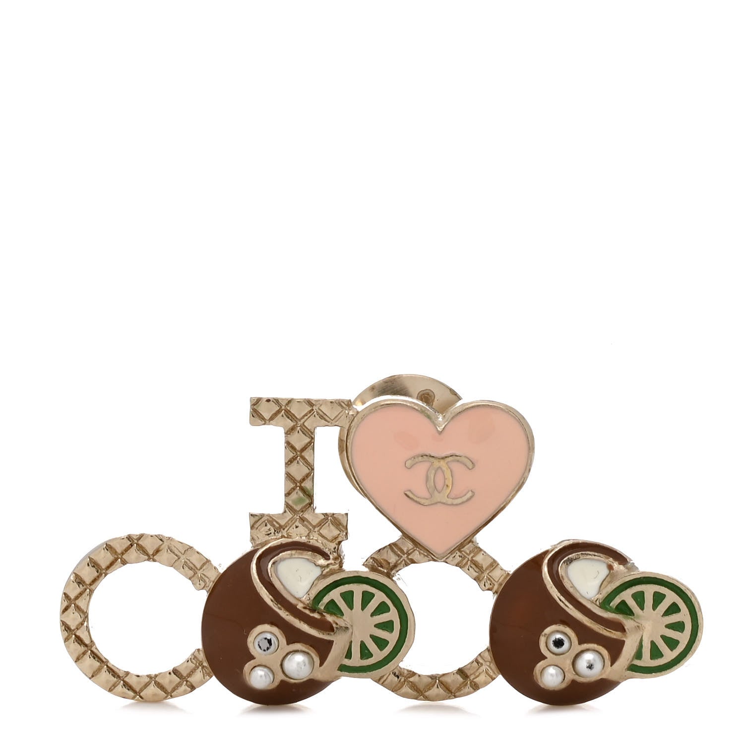 Chanel Metal Resin Pearl I Love Coco Brooch Gold Brown Pink 1 of 4