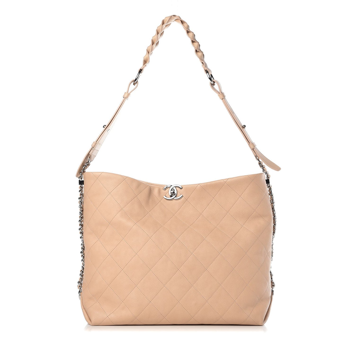 Grained Calfskin Stitched Medium Braided With Style Hobo Beige
