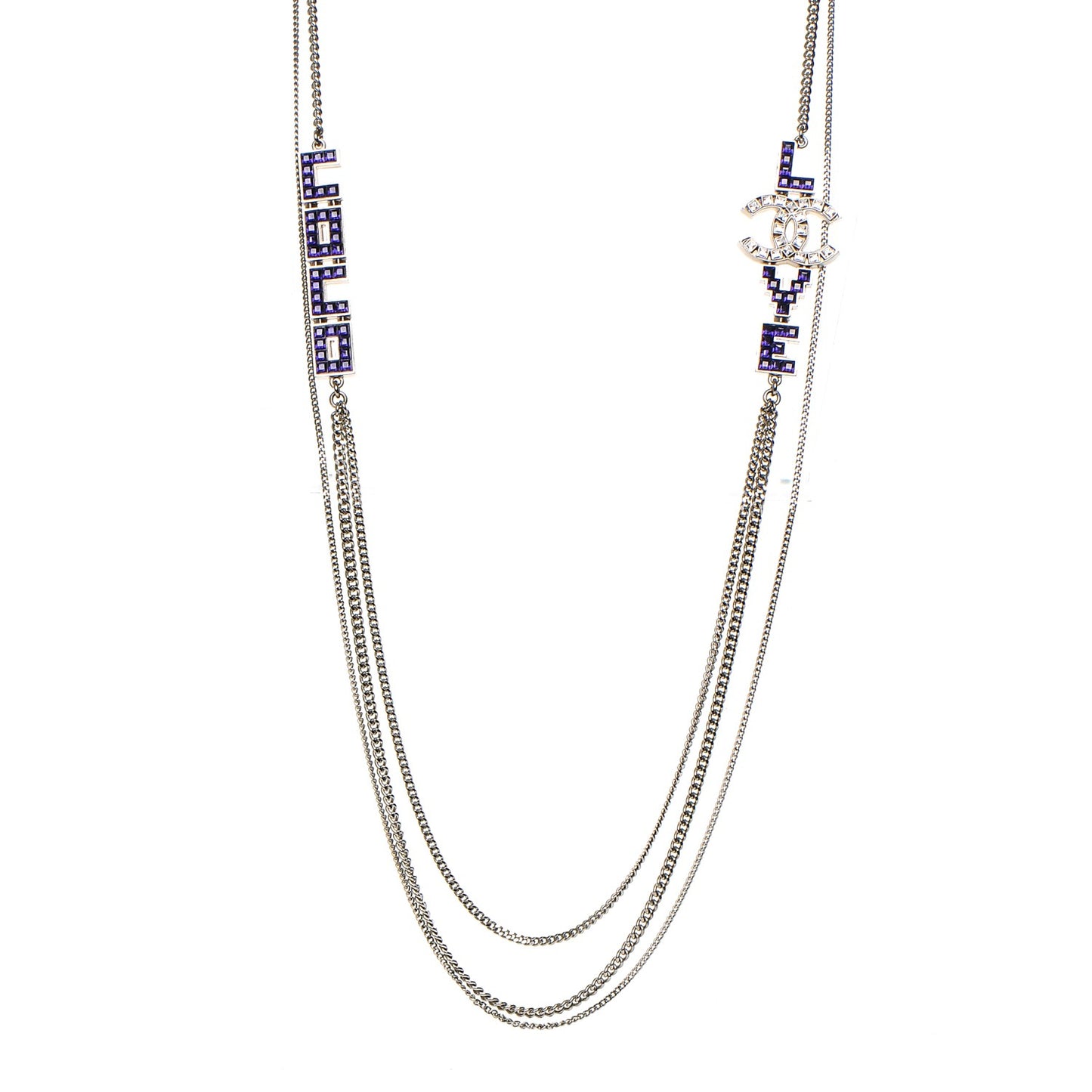 Baguette Crystal Coco Love CC Long Necklace Silver Purple