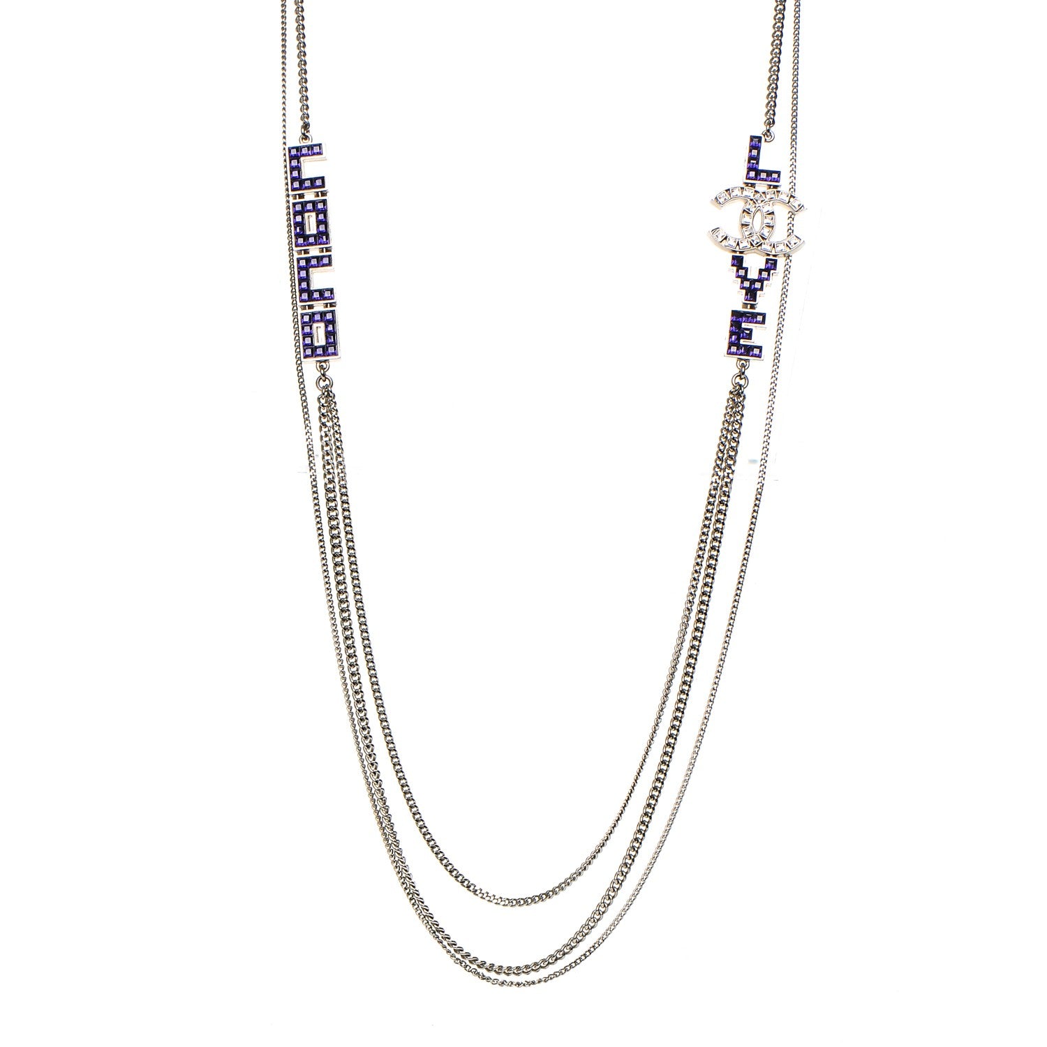 Chanel Baguette Crystal Coco Love CC Long Necklace Silver Purple 1 of 6