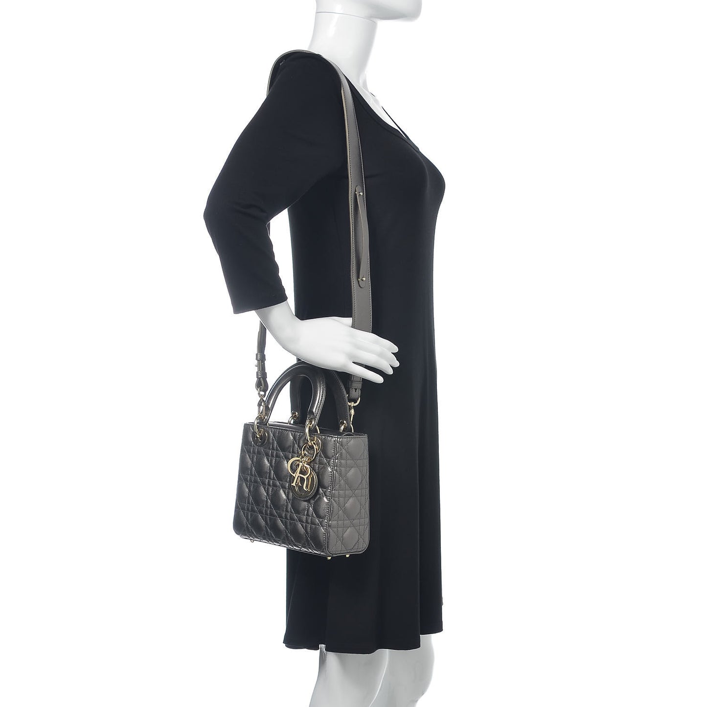Metallic Grained Calfskin Cannage Small Lady Dior Gunmetal