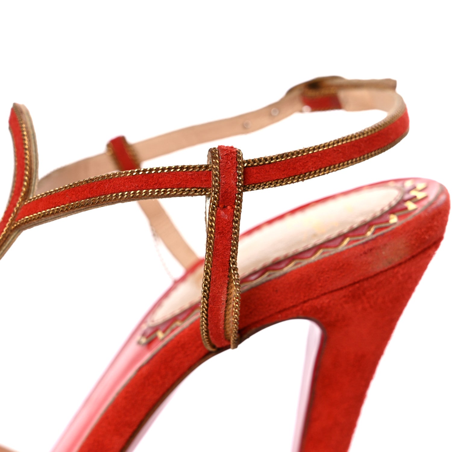 Christian Louboutin Veau Velours 20 Ans Chain Troisronds 140 Sandals 36.5 Mandarin Red Gold 18 of 25