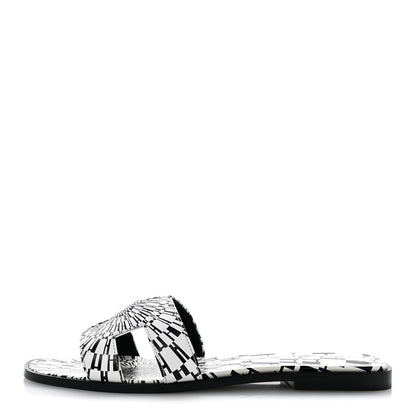 Hermes Calfskin Printed Op'H Oran Sandals 40.5 Black White 1 of 10