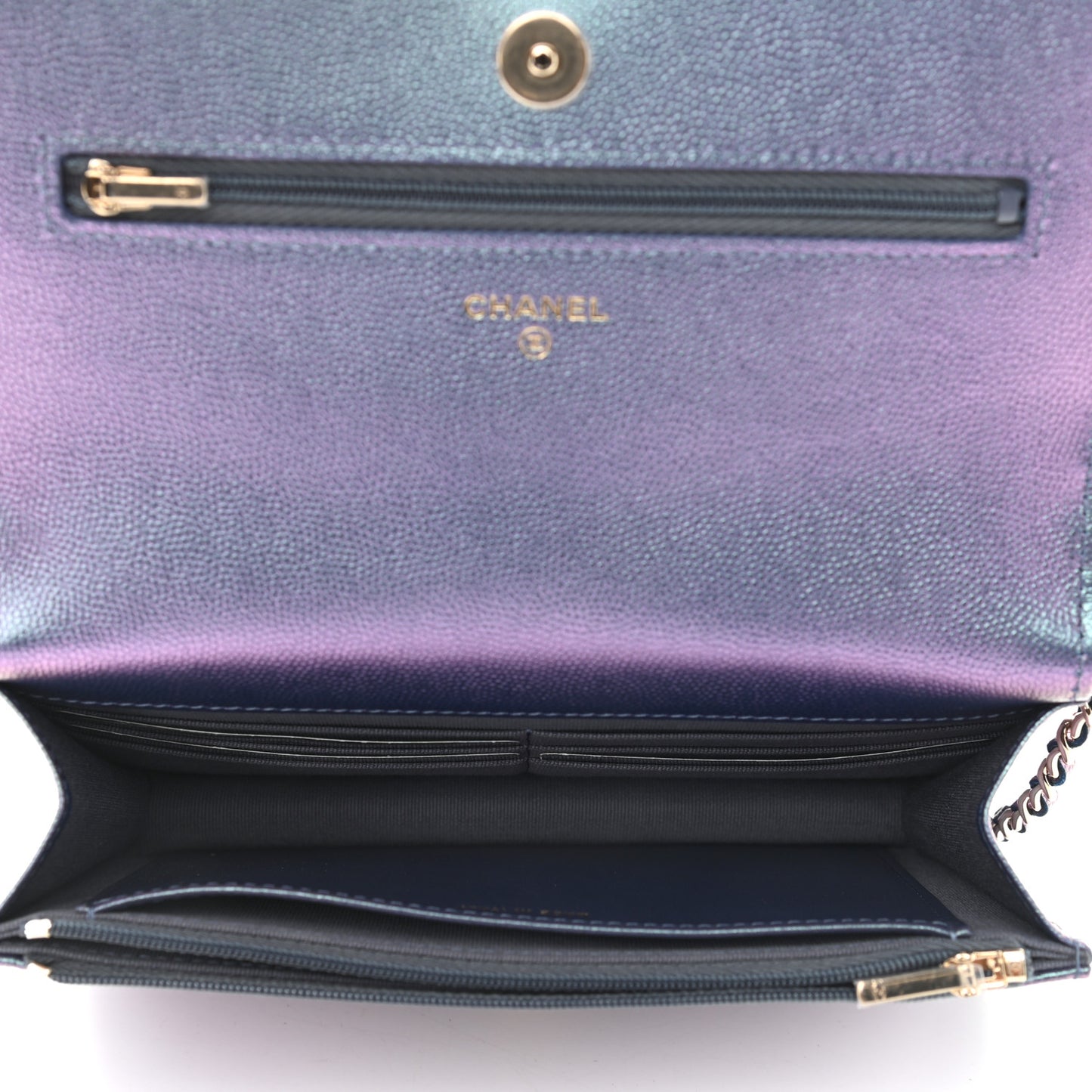 Iridescent Caviar Quilted Wallet On Chain WOC Dark Blue