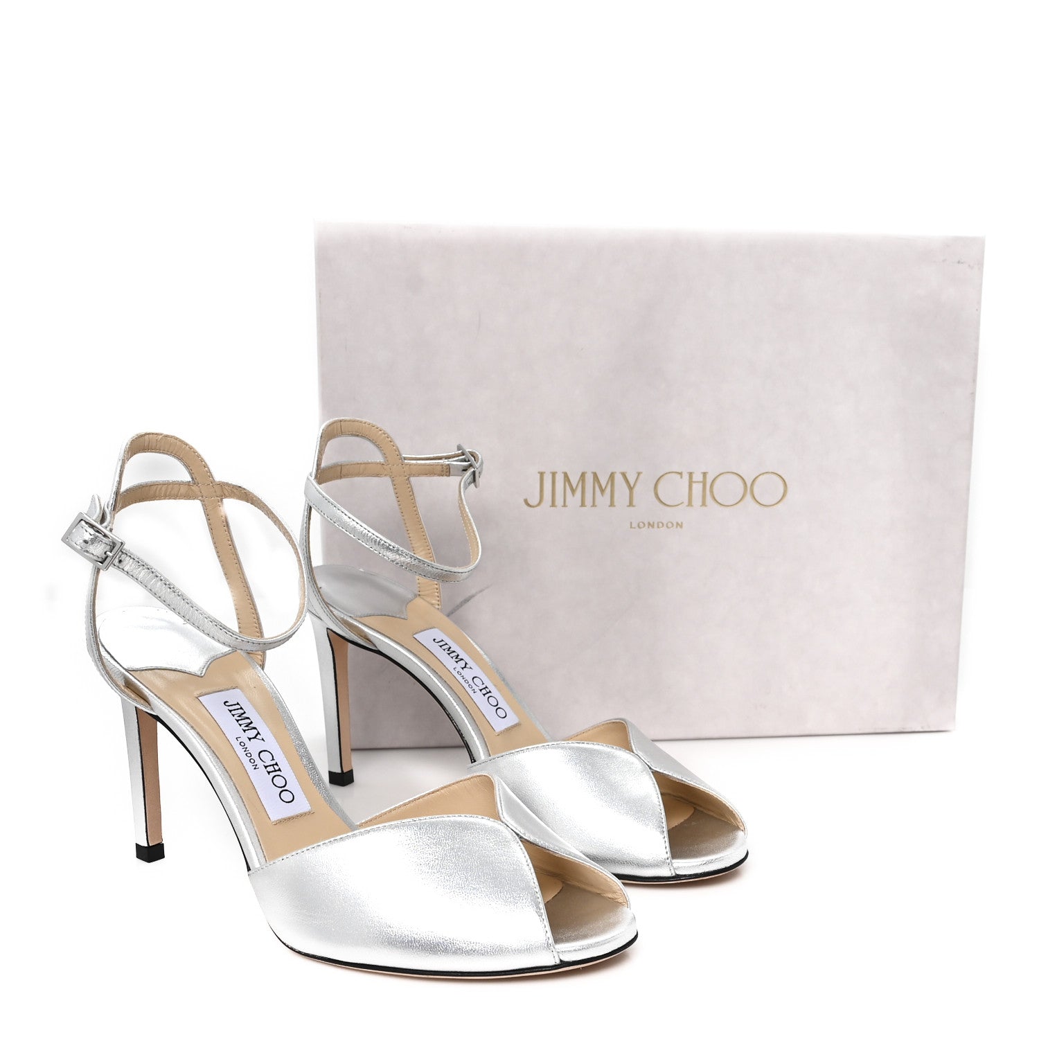 Jimmy Choo Metallic Nappa Sacora 85 Sandals 38.5 Silver 1836953
