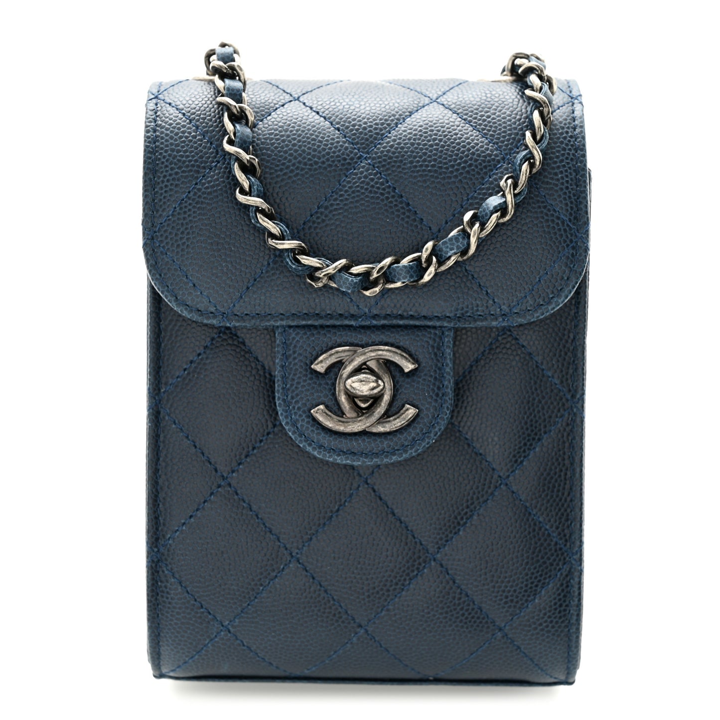Caviar Quilted Extra Mini Wallet On Chain WOC Blue