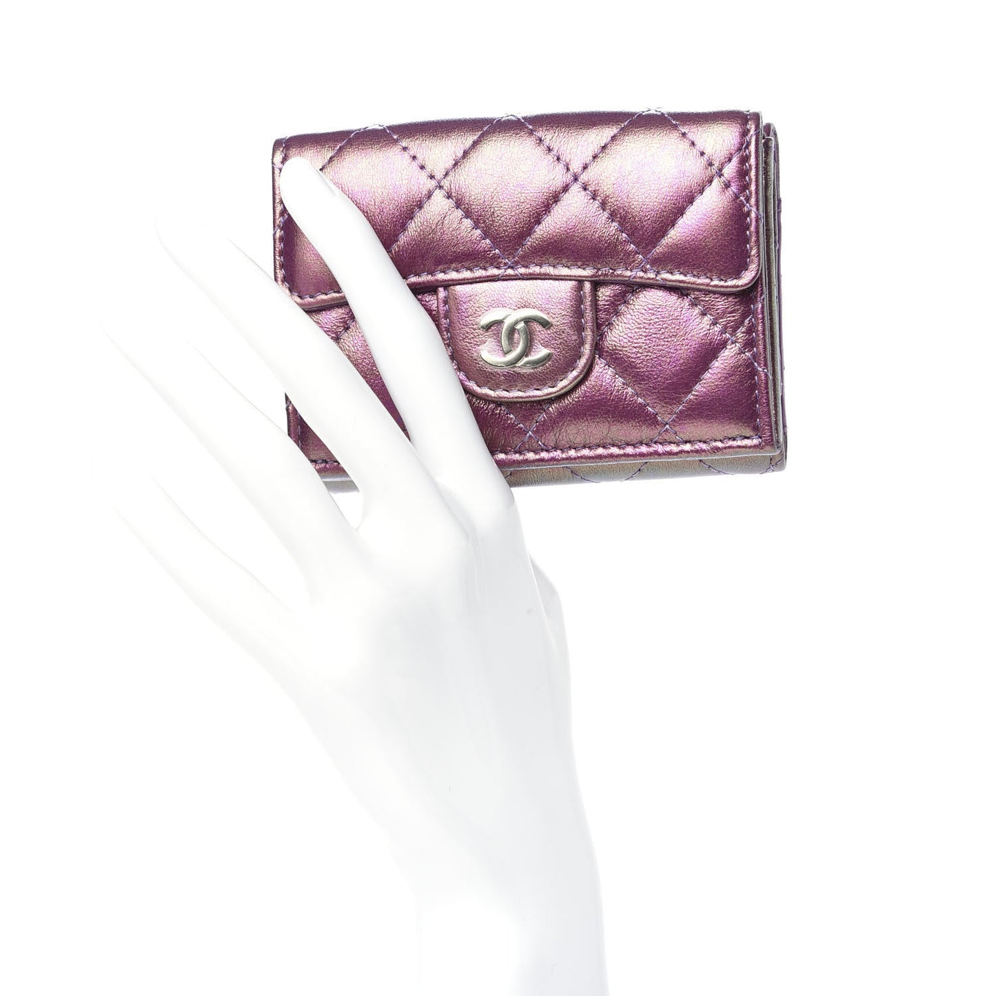 Iridescent Lambskin Small Quilted Flap Wallet Purple