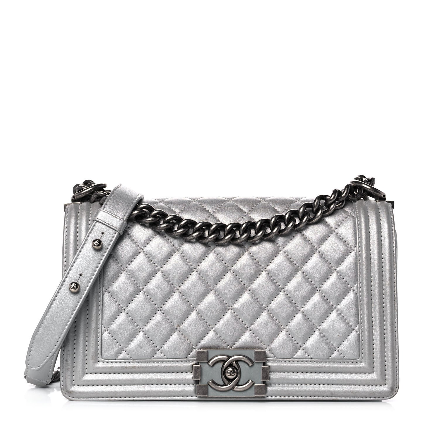 Metallic Lambskin Quilted Medium Boy Flap Silver