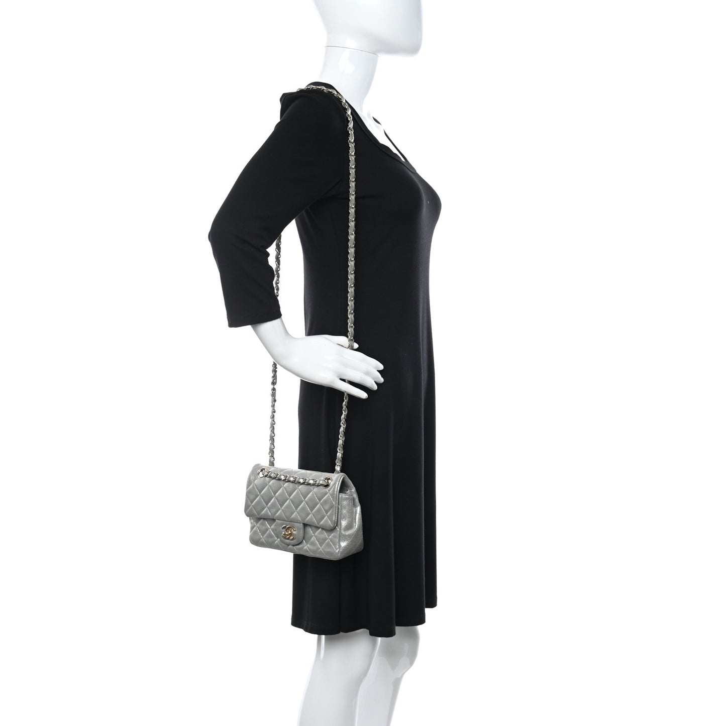 Iridescent Calfskin Quilted Mini Rectangular Flap Silver