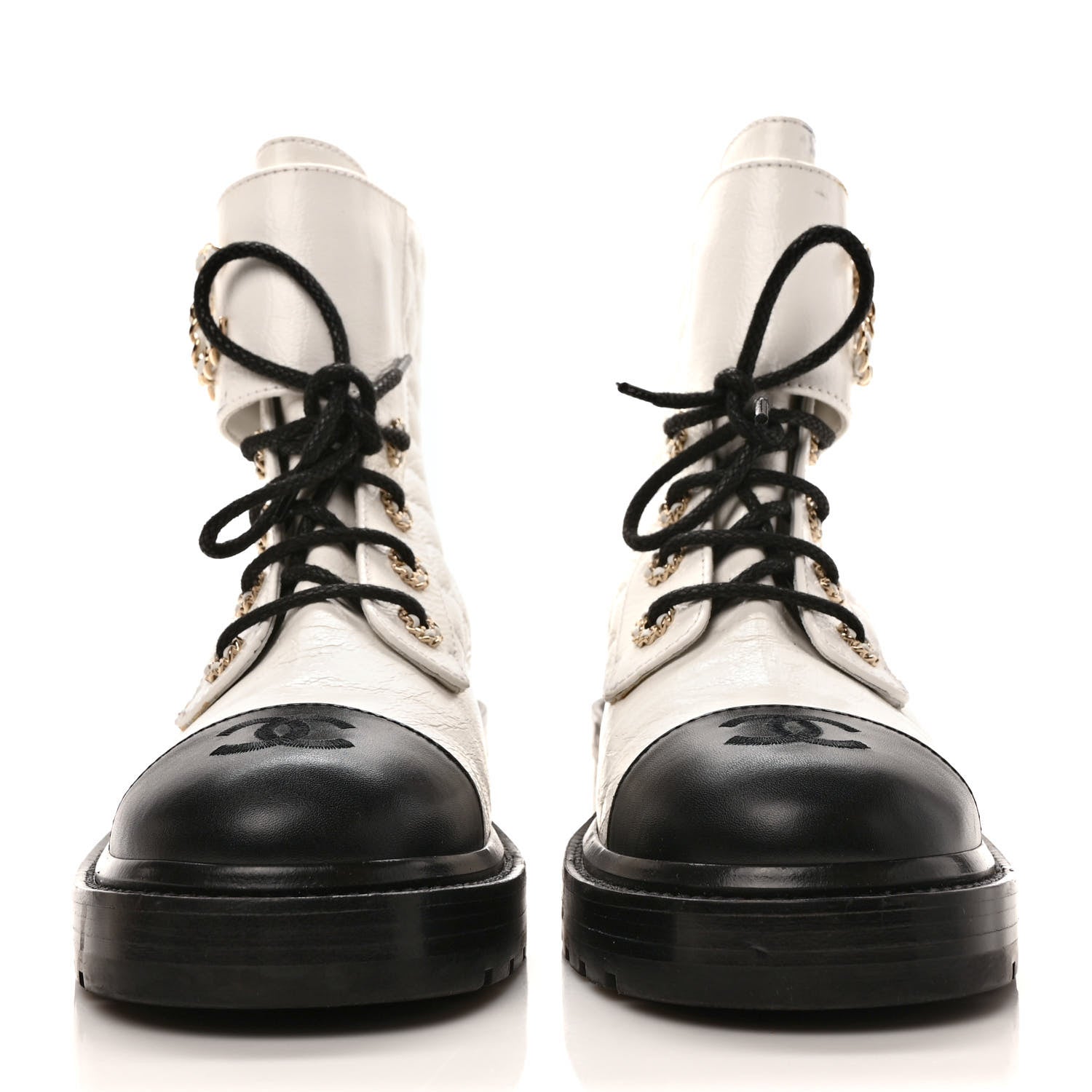 Chanel Shiny Goatskin Calfskin Quilted Lace Up Combat Boots 40 Black White 2 of 10