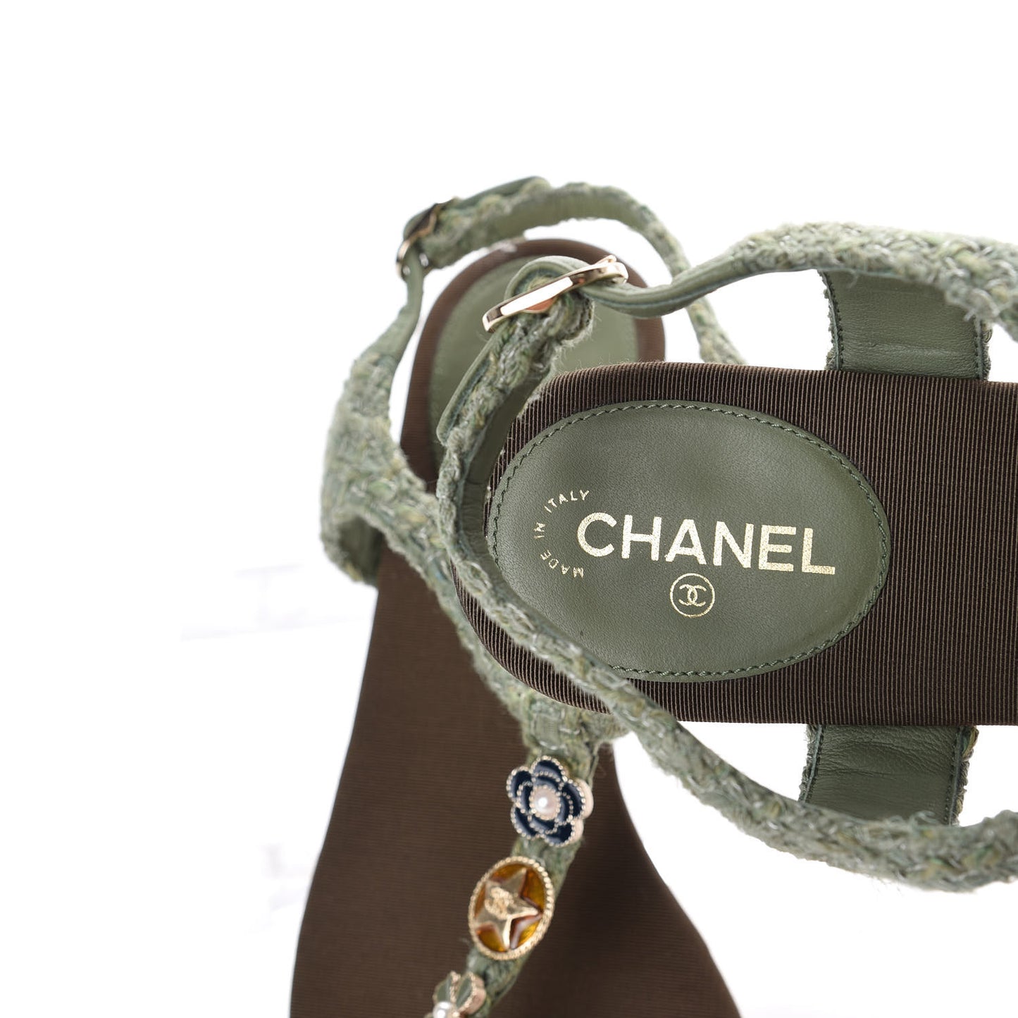 Tweed CC Charm Thong Sandals 36.5 Dark Green