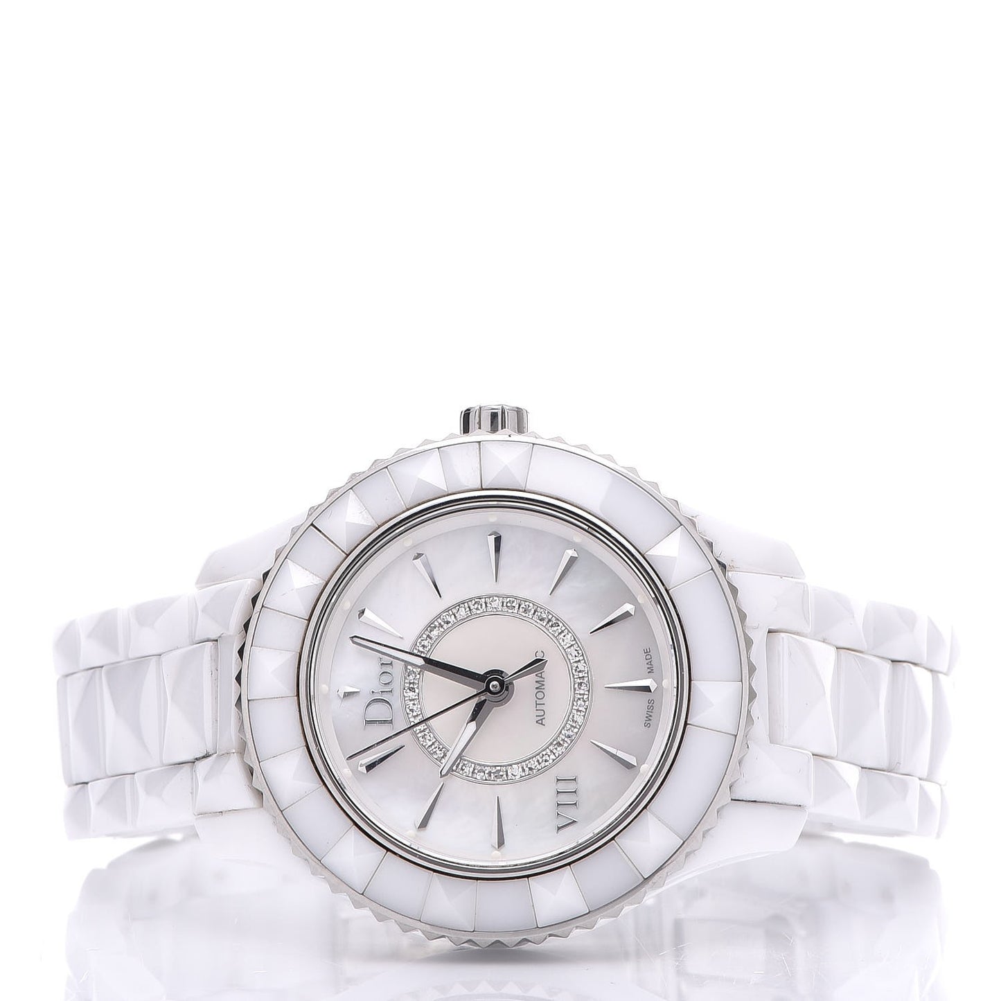 Stainless Steel Ceramic Diamond Mother of Pearl 33mm Dior VIII Automatic Watch White