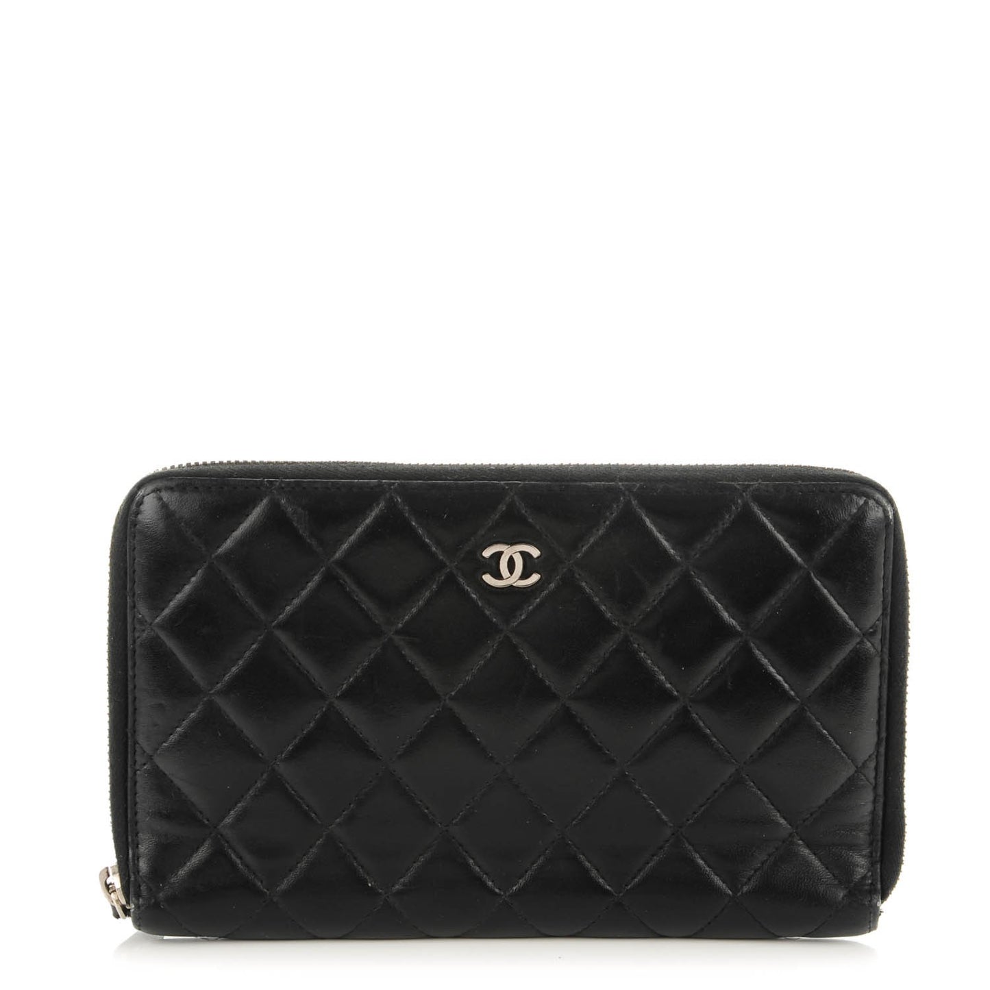 Lambskin Quilted Zip Around Organizer Wallet Black