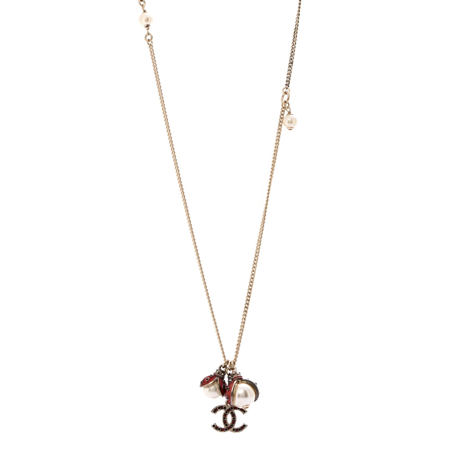 Chanel Enamel Pearl CC Ladybug Necklace Gold Red 1 of 7