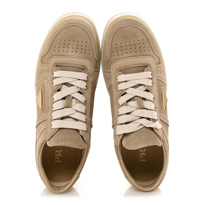 Prada Suede Triangle Womens Downtown Low Top Sneakers 39 Ecru 2 of 10