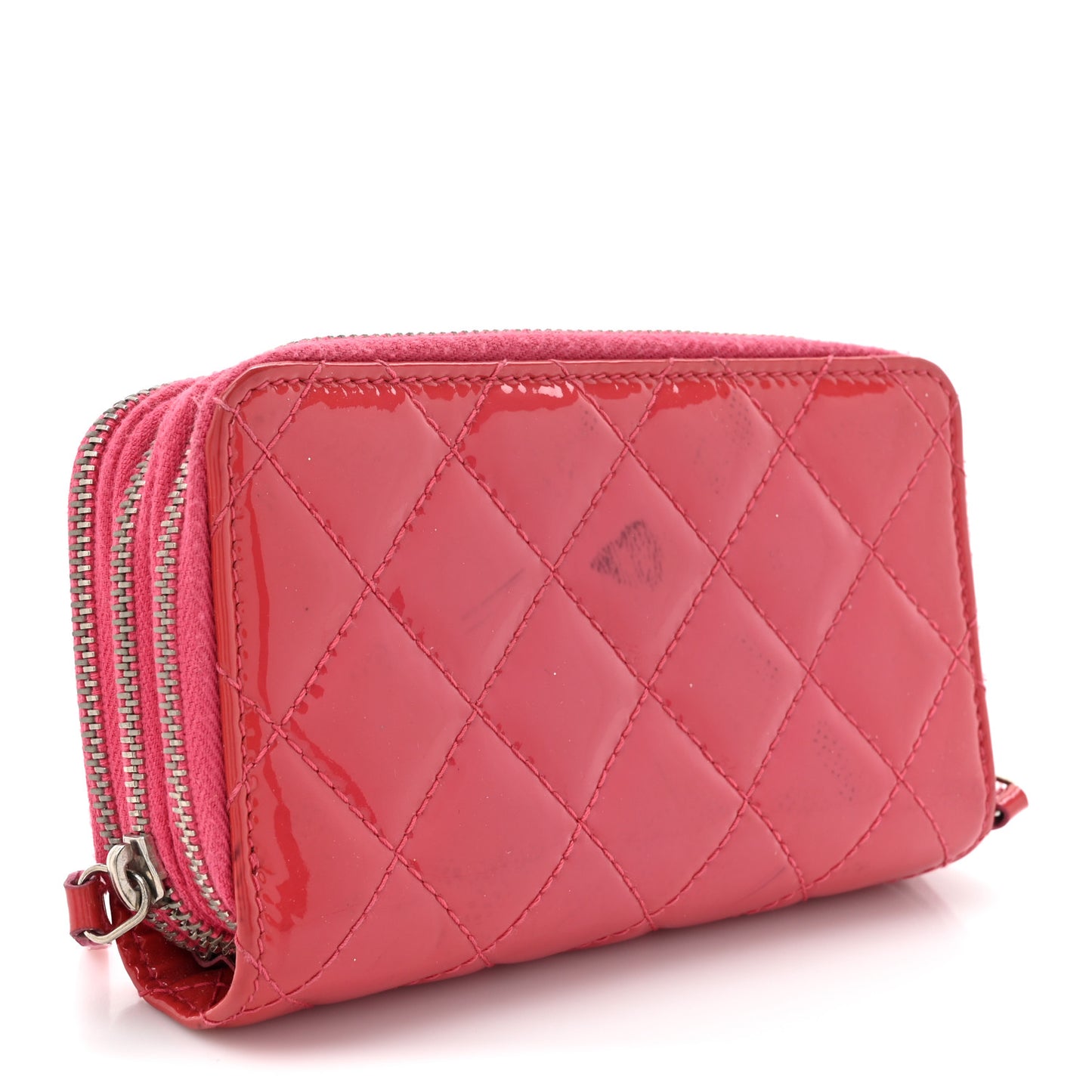 Patent Calfskin Quilted Zip Around Phone Holder Fuchsia