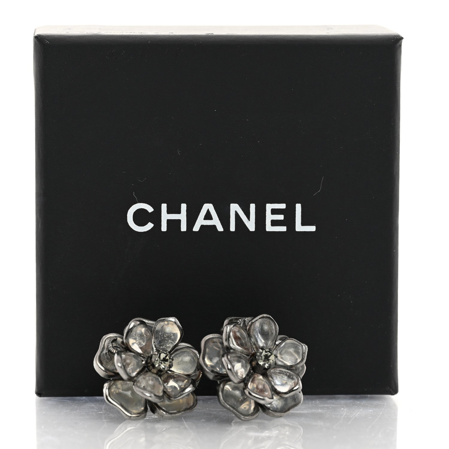 Chanel Crystal Camellia CC Stud Earrings Silver 5 of 5