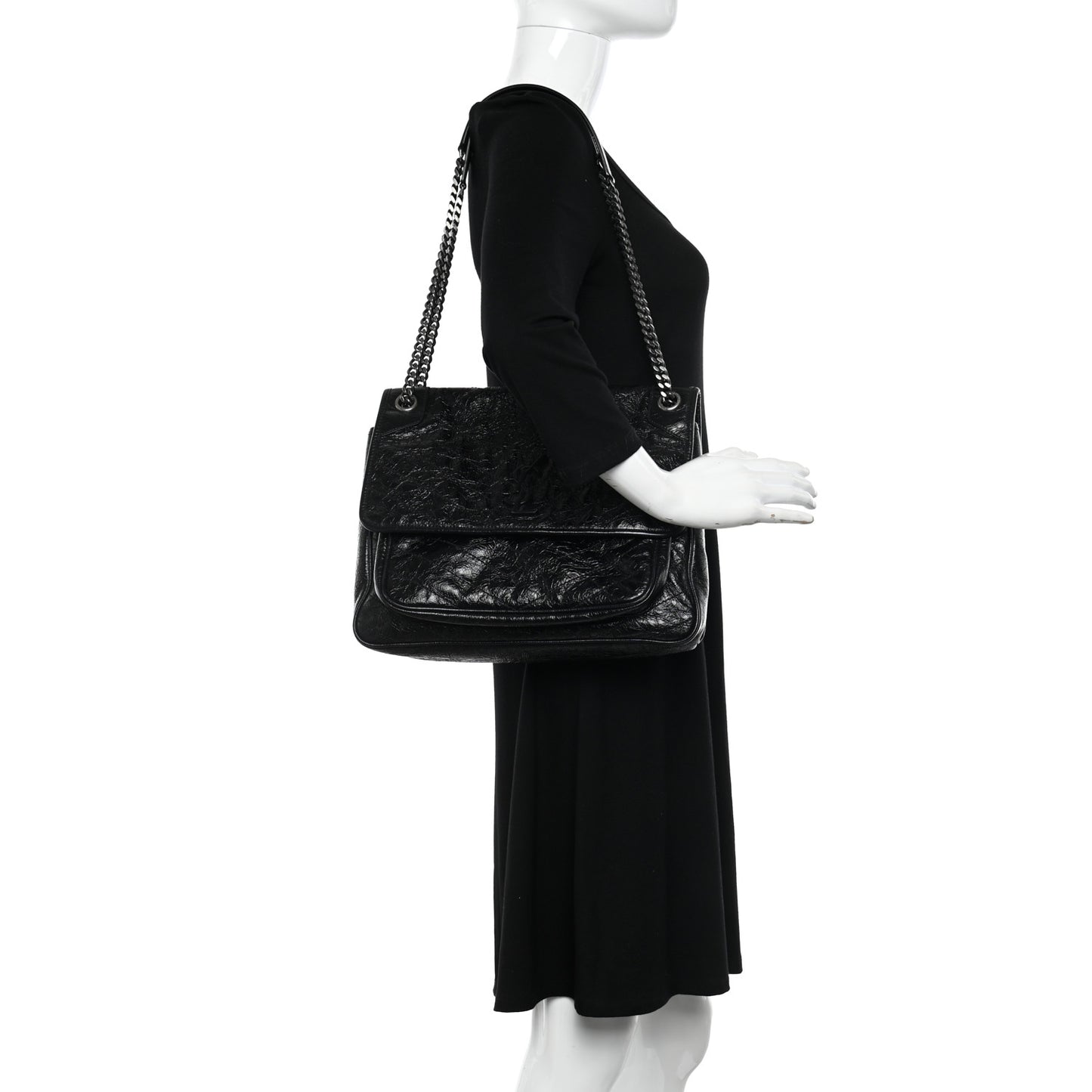 Crinkled Calfskin Matelasse Monogram Large Niki Chain Satchel Black