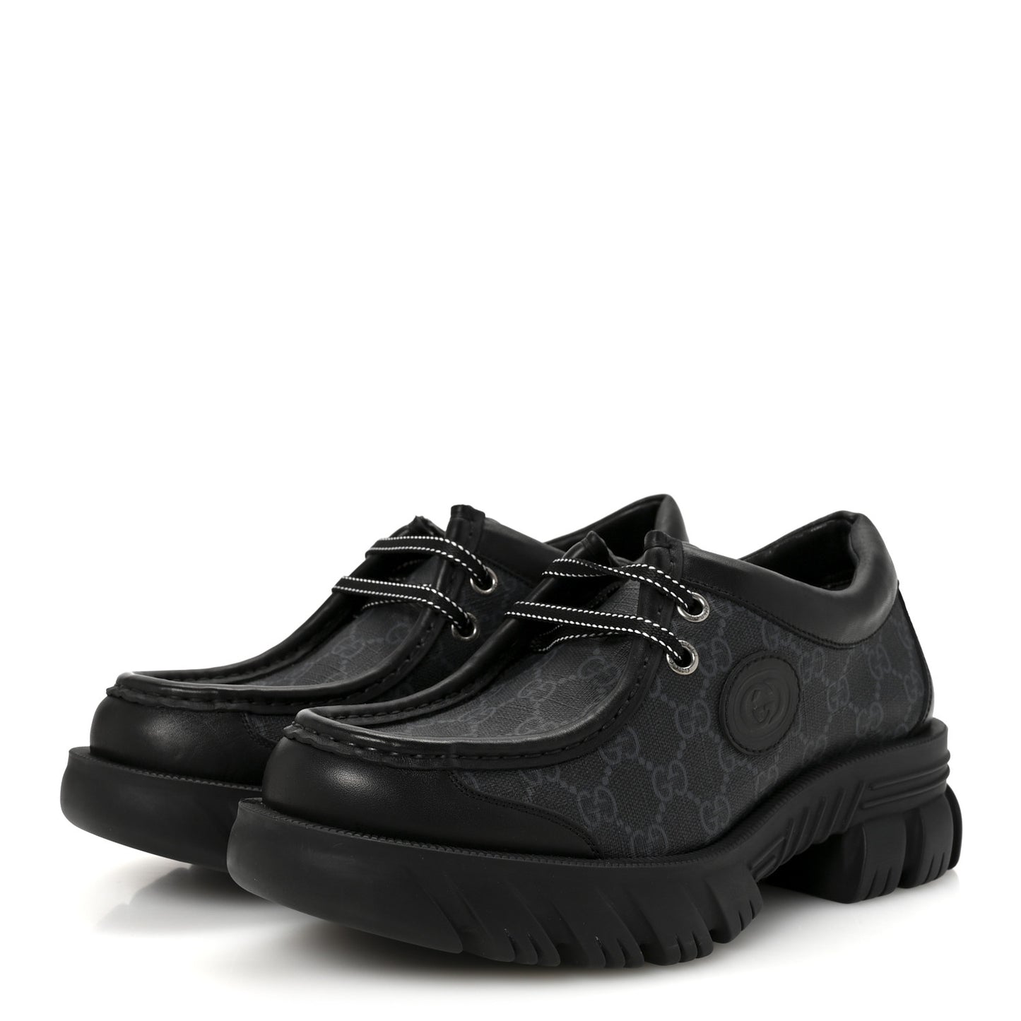 GG Supreme Monogram Quebec Calfskin Retro Interlocking G Mens Platform Derby Loafers 8.5 Black