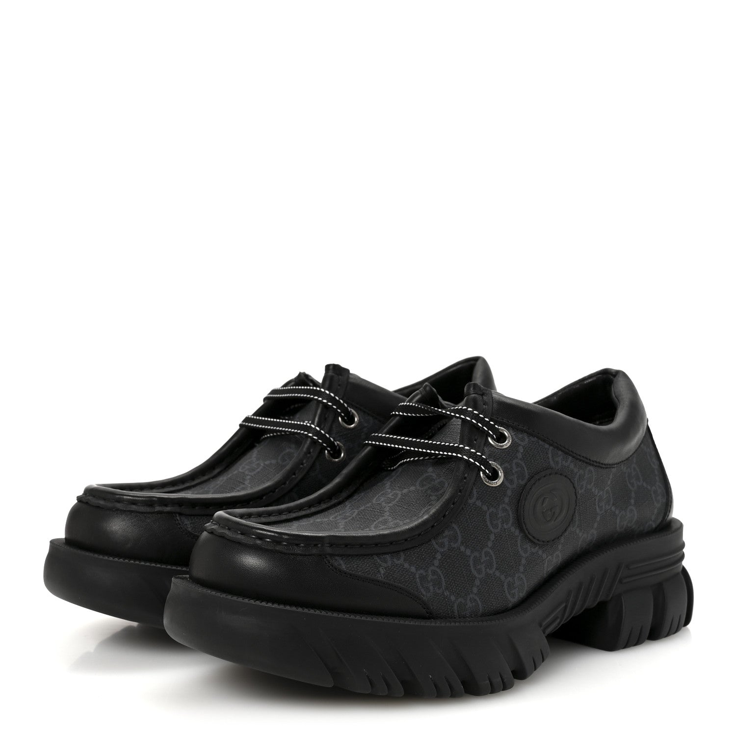 Gucci GG Supreme Monogram Quebec Calfskin Retro Interlocking G Mens Platform Derby Loafers 8.5 Black 4 of 8