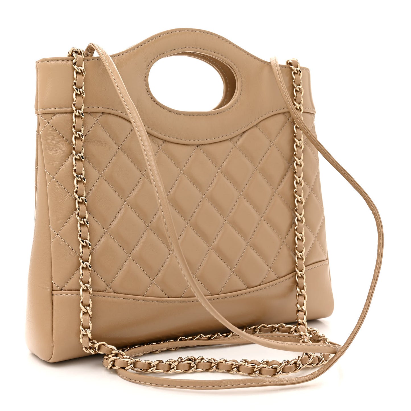 Shiny Crumpled Calfskin Quilted Mini 31 Shopping Bag Dark Beige