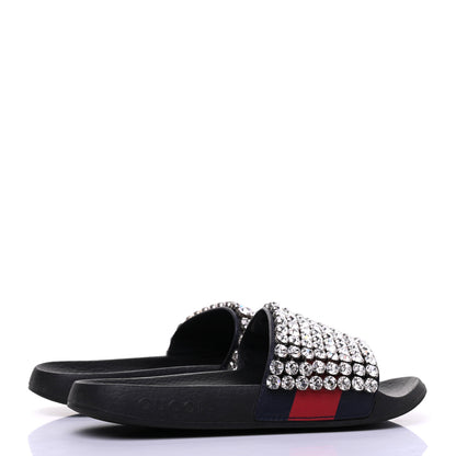 Gucci Calfskin Crystal Embellished Web Slide Sandals 37 Blue Red 4 of 12