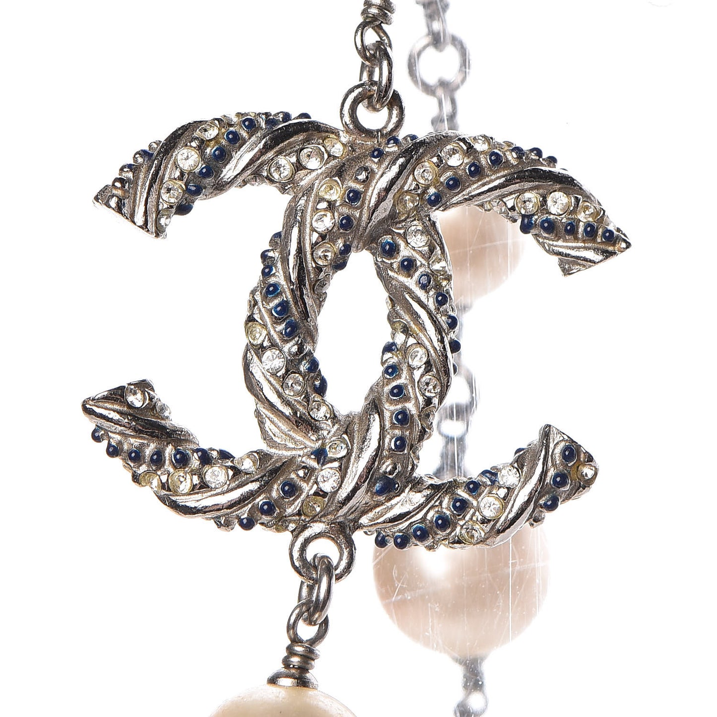 Pearl Beaded CC Long Necklace Navy Silver