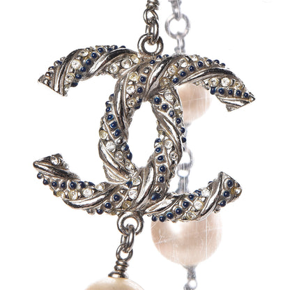 Chanel Pearl Beaded CC Long Necklace Navy Silver 5 of 8