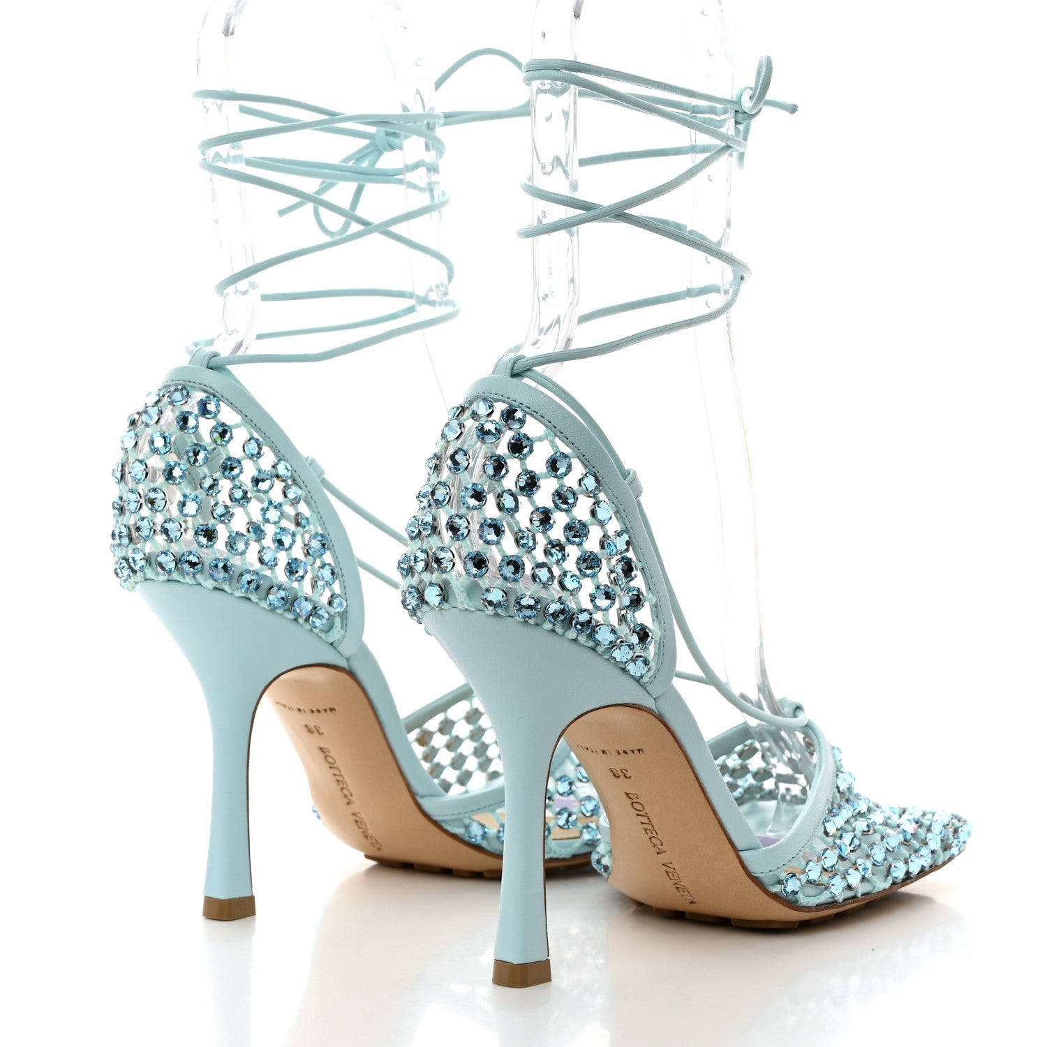Bottega Veneta Mesh Nappa Crystal Embellished Sparkle Stretch Ankle Tie 90mm Sandals 38 Pale Blue 4 of 8