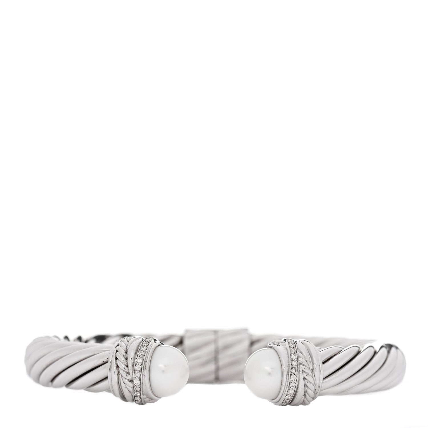 David Yurman Sterling Silver Diamond Cultured Pearl 10mm Crossover Hinge Bracelet 1 of 4
