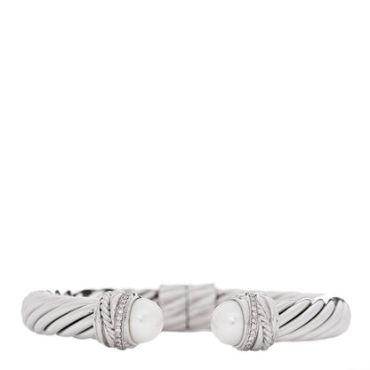 David Yurman Sterling Silver Diamond Cultured Pearl 10mm Crossover Hinge Bracelet 1 of 4