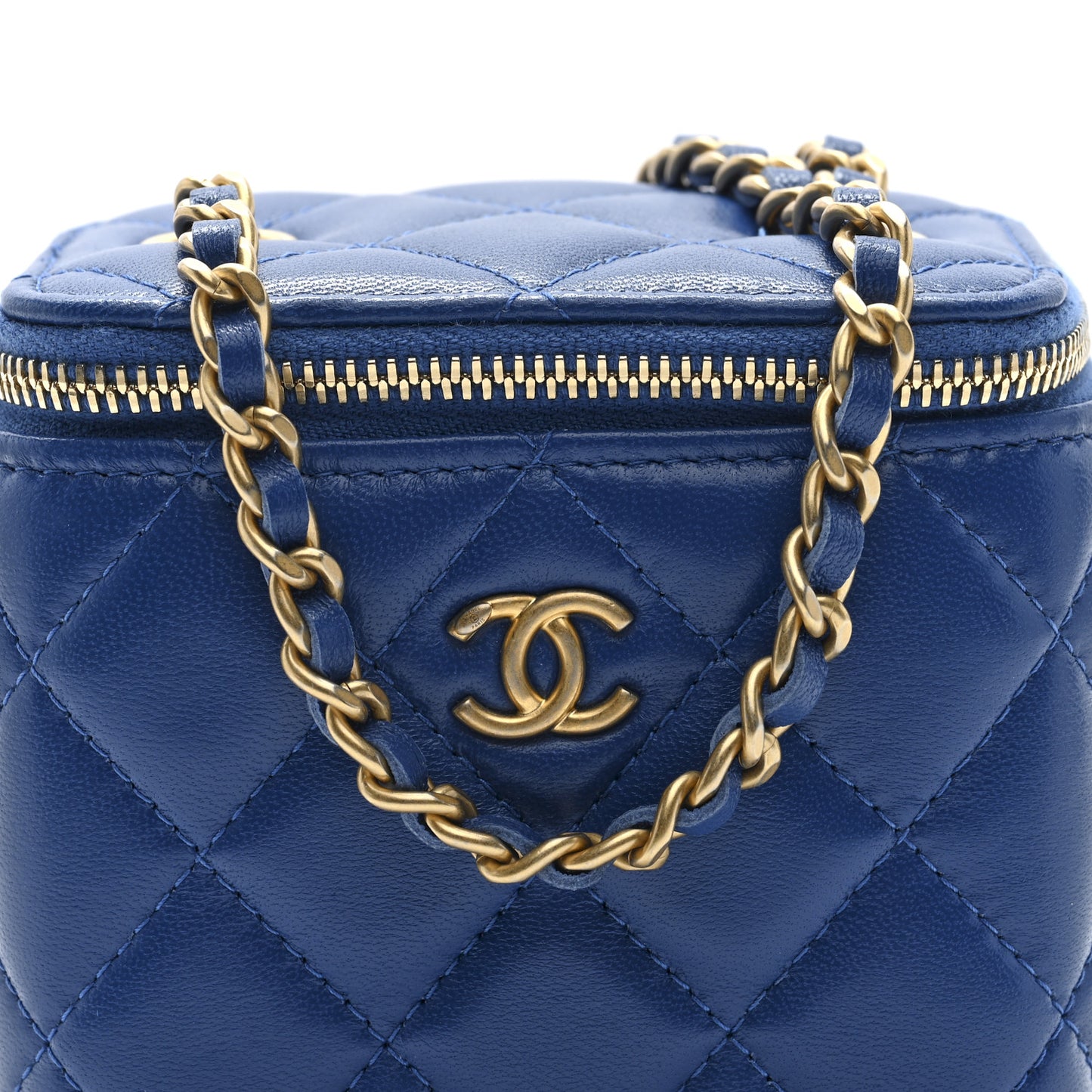Lambskin Quilted Pearl Crush Mini Vanity Case With Chain Blue