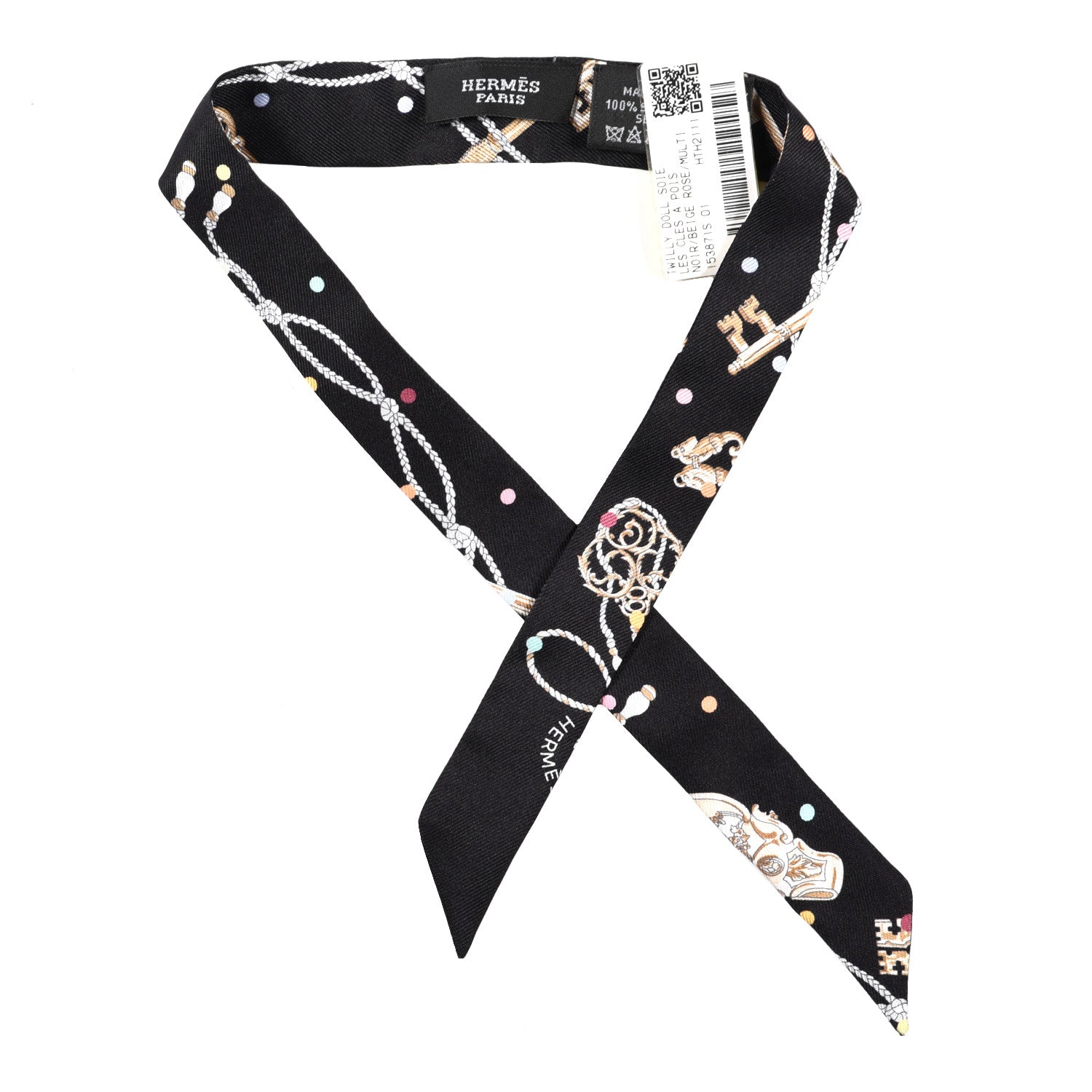 Hermes Silk Les Cles A Pois Doll Twilly Black Beige Rose 1 of 3
