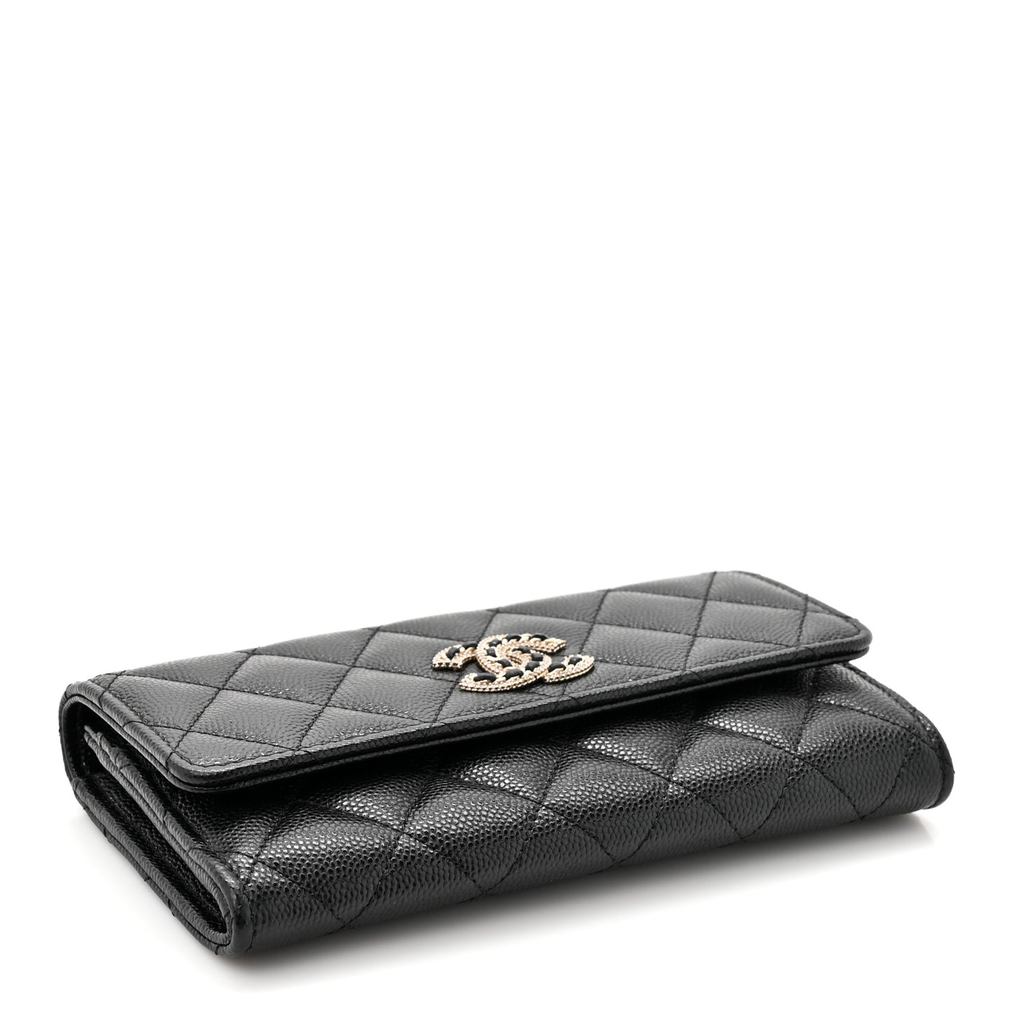 Caviar Quilted Crystal CC Large Gusset Flap Wallet Black