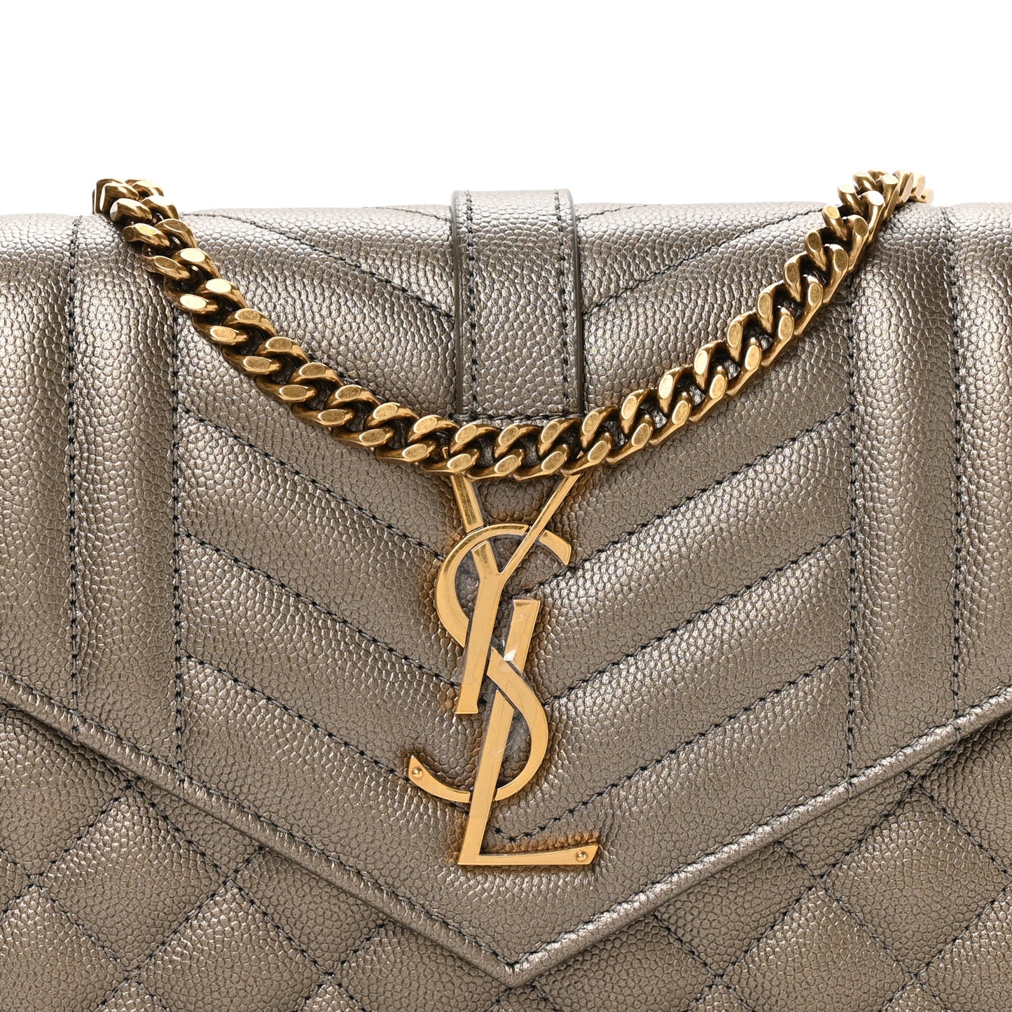 Metallic Grain De Poudre Mixed Matelasse Triquilt Monogram Chain Wallet Piombo