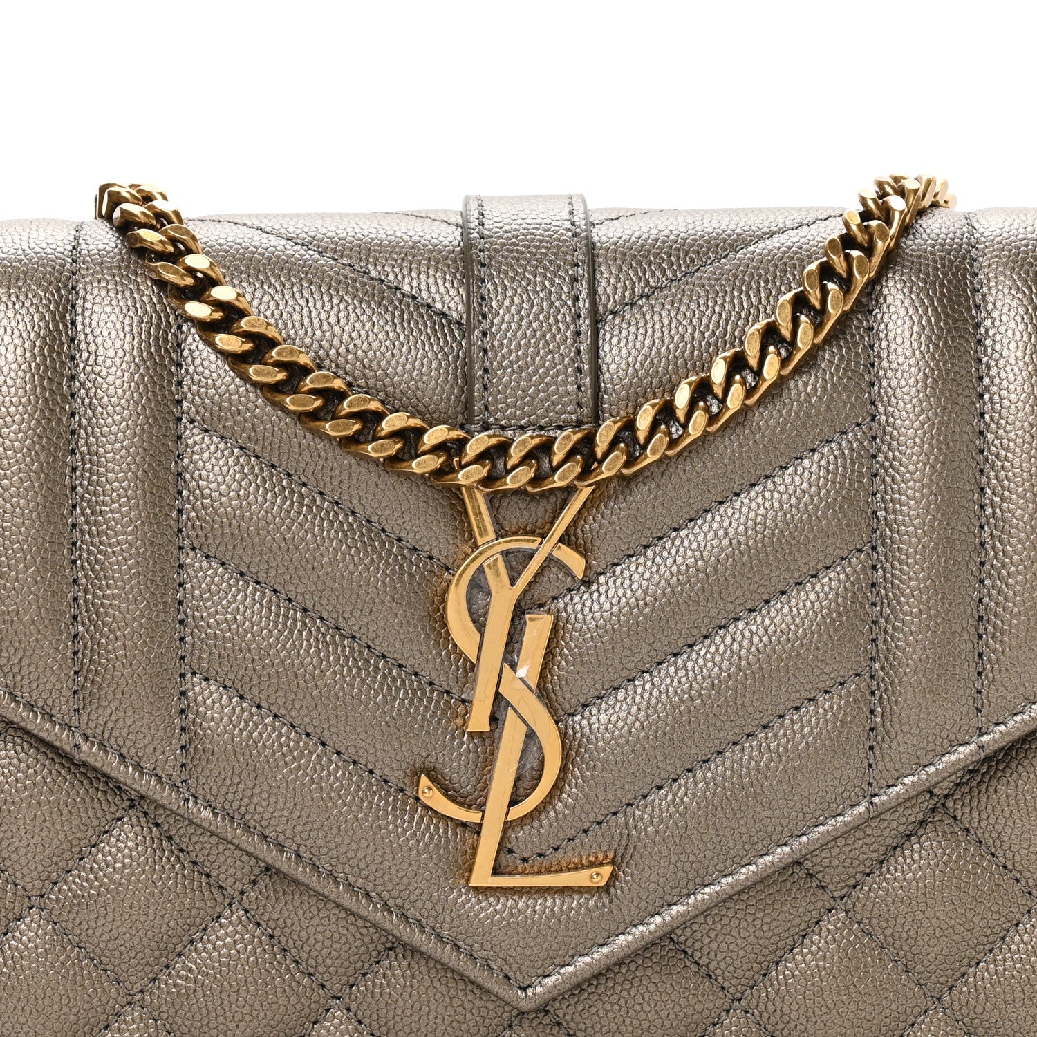 Saint Laurent Metallic Grain De Poudre Mixed Matelasse Triquilt Monogram Chain Wallet Piombo 8 of 11