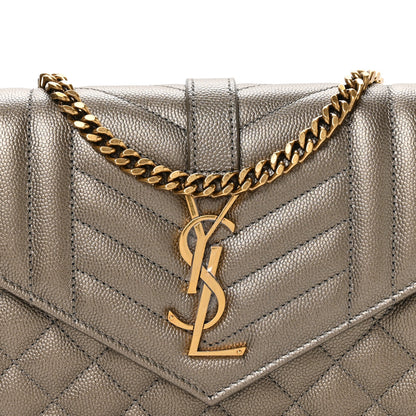 Saint Laurent Metallic Grain De Poudre Mixed Matelasse Triquilt Monogram Chain Wallet Piombo 8 of 11