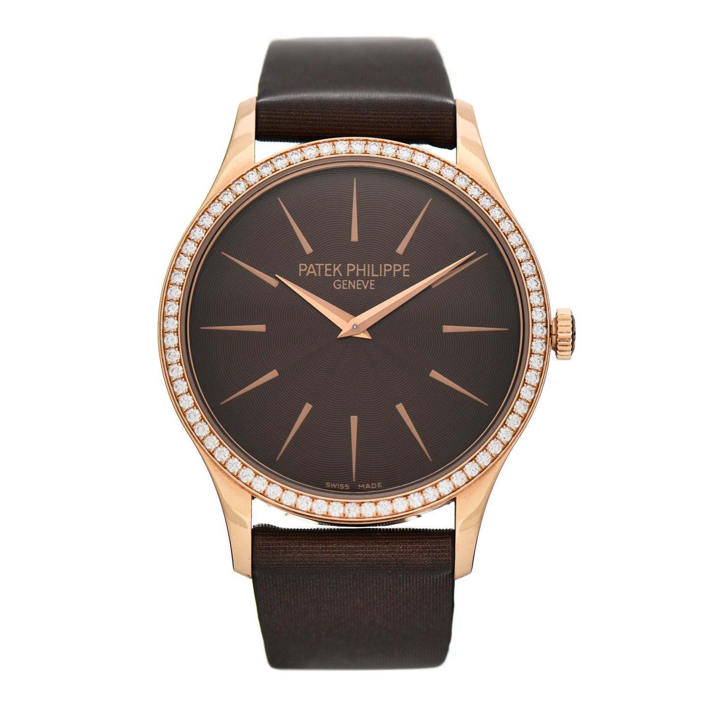 18K Rose Gold Satin Diamond Bezel 33mm Calatrava Manual Winding Watch Brown 4897R-001