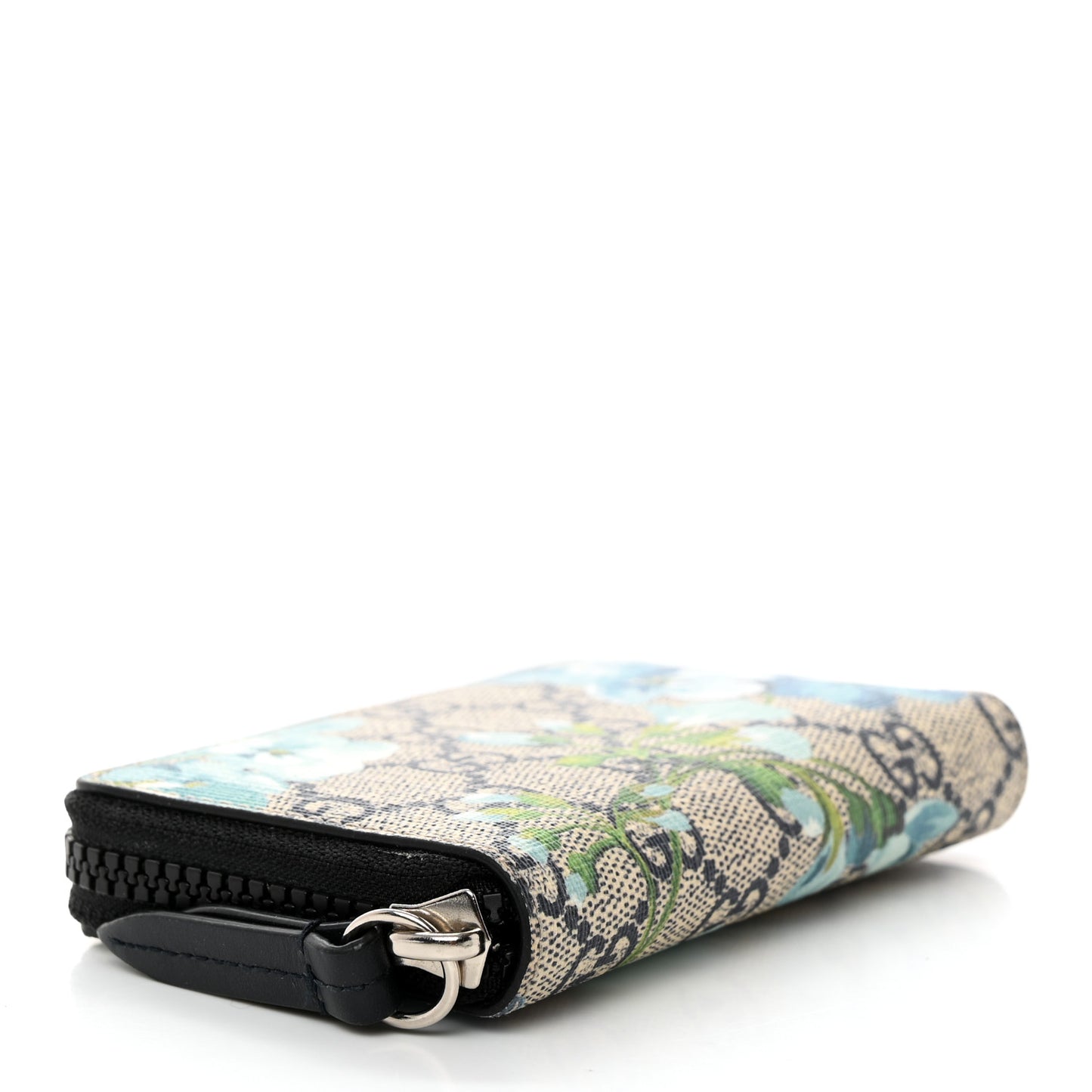 GG Supreme Monogram Blooms Zip Around Card Case Wallet Beige Blue Navy
