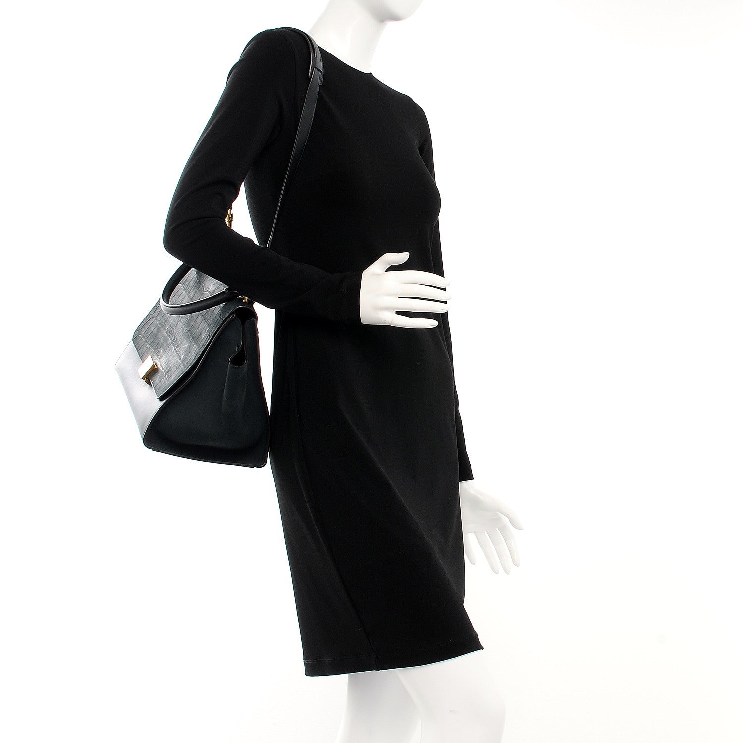 Celine Nubuck Crocodile Embossed Medium Trapeze Navy 2 of 8