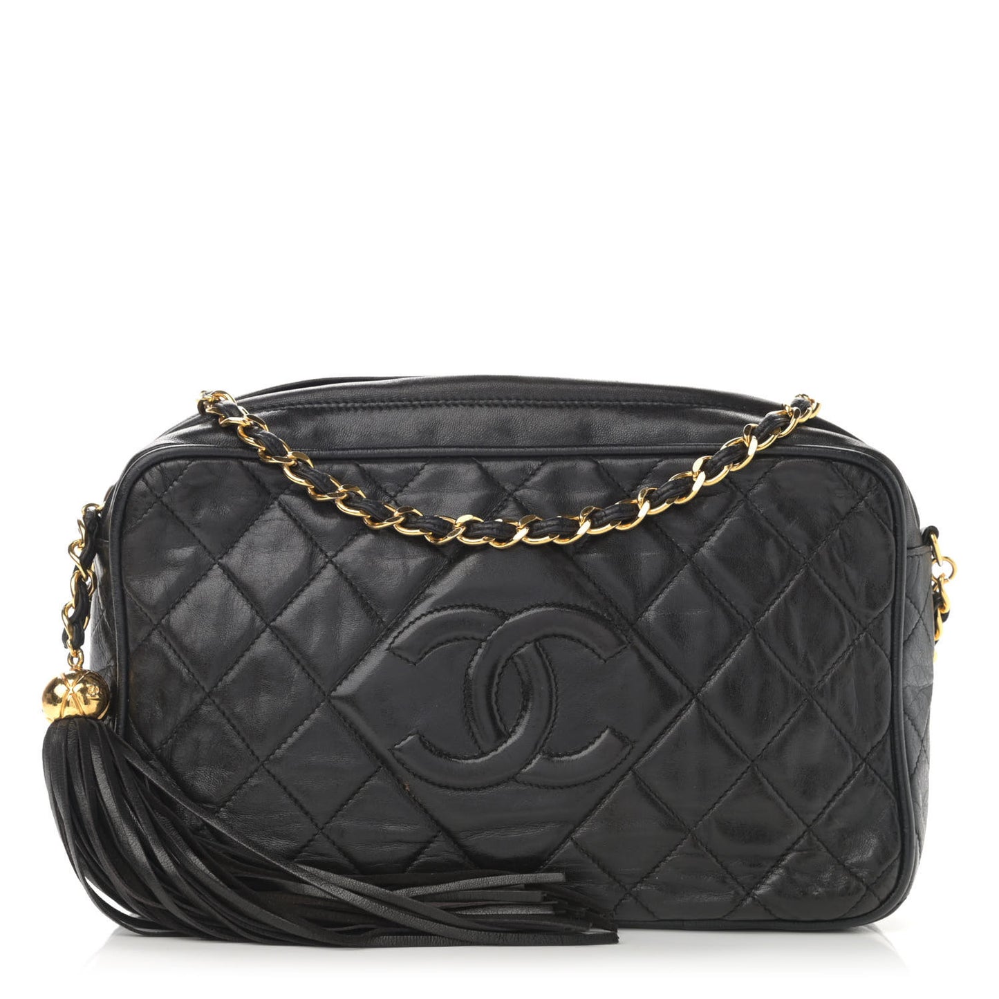 Lambskin Quilted CC Tassel Camera Case Black