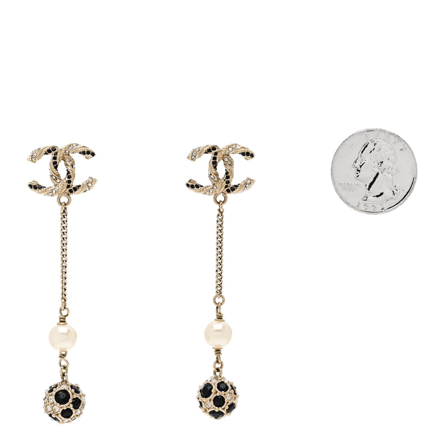 Chanel Crystal Pearl CC Ball Chain Drop Earrings Gold Black 2 of 4