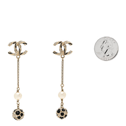 Chanel Crystal Pearl CC Ball Chain Drop Earrings Gold Black 2 of 4
