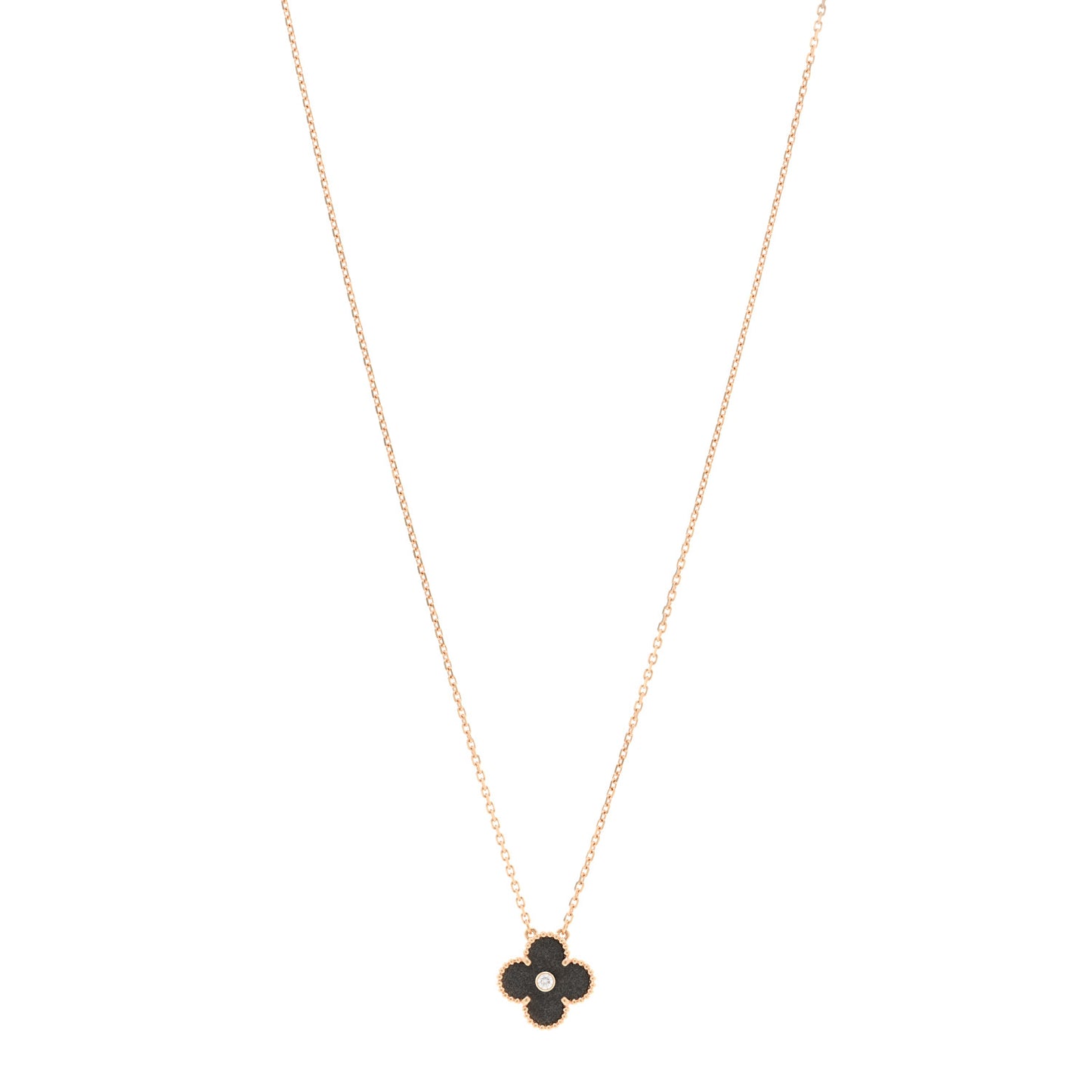 18K Rose Gold Diamond Silver Obsidian Vintage Alhambra Pendant Necklace