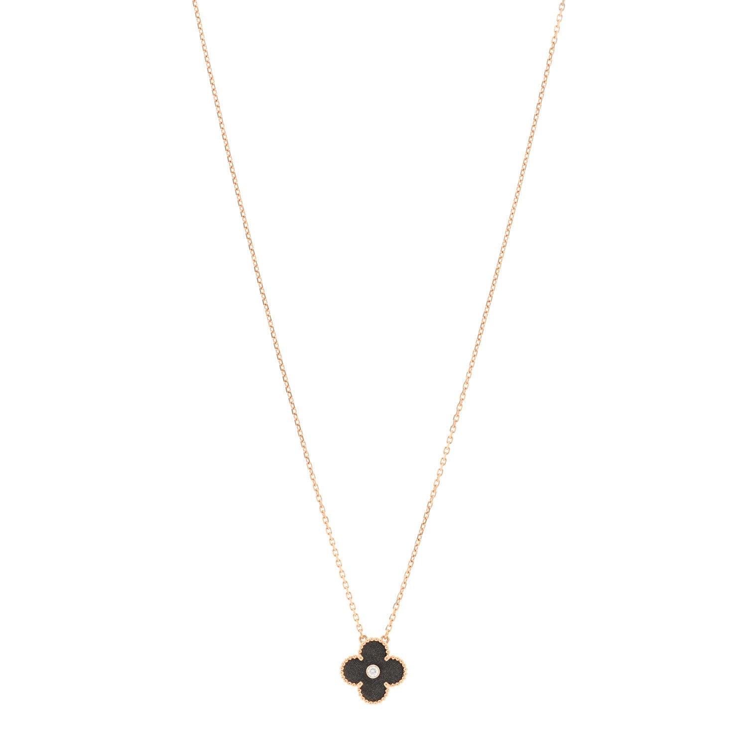 Van Cleef & Arpels 18K Rose Gold Diamond Silver Obsidian Vintage Alhambra Pendant Necklace 1 of 5