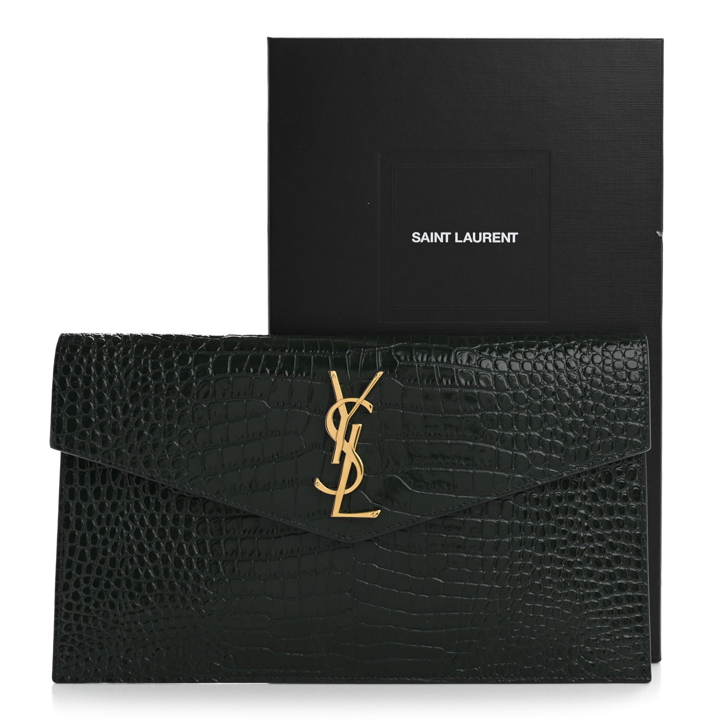 Calfskin Crocodile Embossed Uptown Monogram Clutch Dark Green