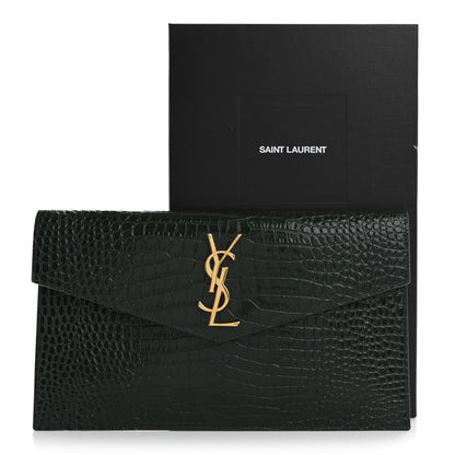 Saint Laurent Calfskin Crocodile Embossed Uptown Monogram Clutch Dark Green 10 of 10