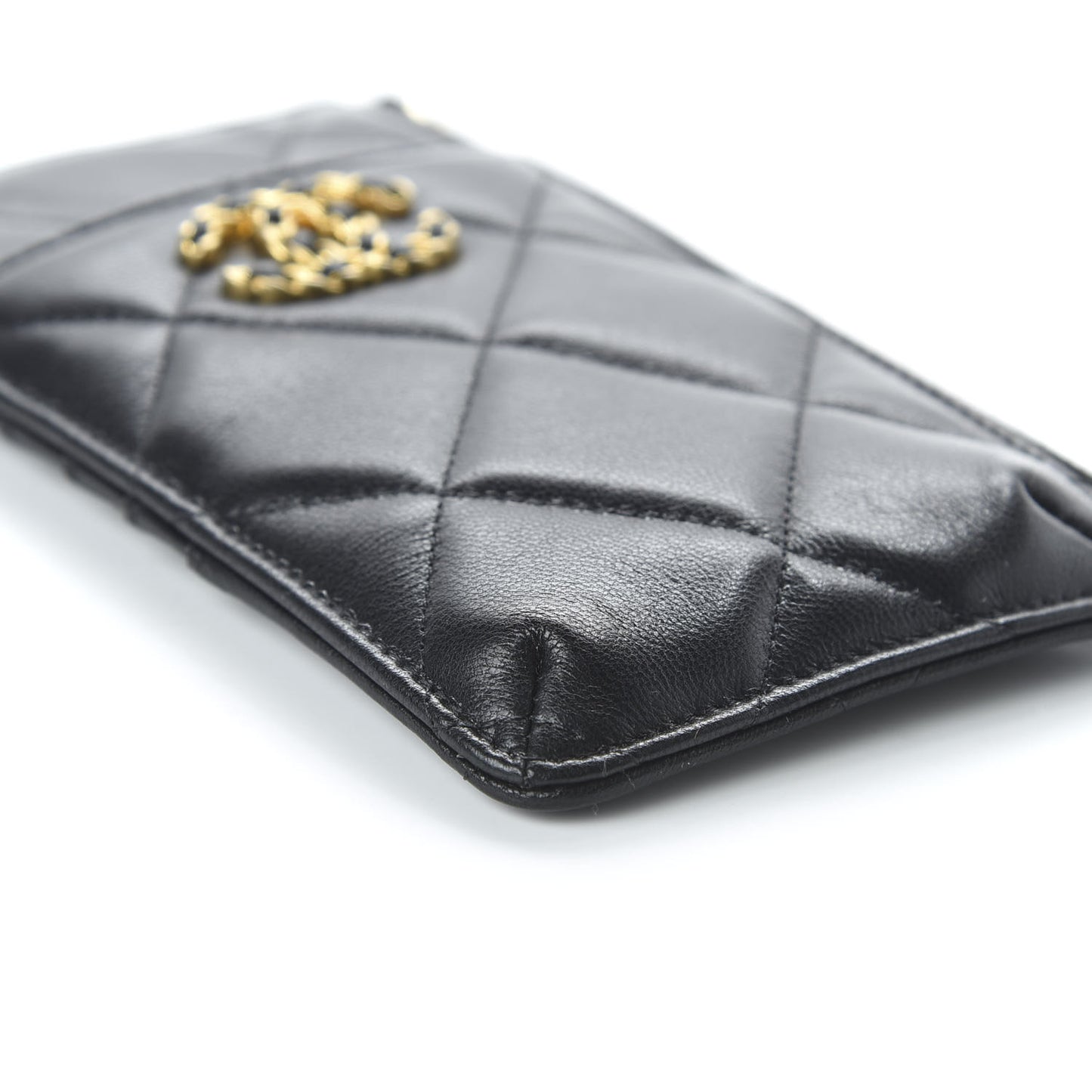 Shiny Goatskin Quilted 19 Flat Wallet Pouch Black